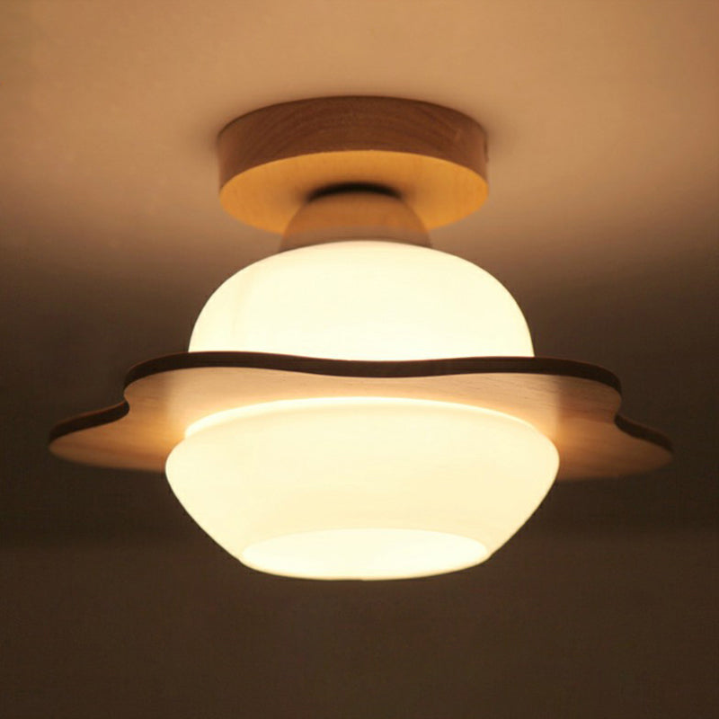 Nordic Wood Semi Flush Mount Ceiling Fixture: Cream Glass Flower Corridor Lighting With 1 - Light