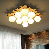 Modern Wood Puzzle Design Semi Flush Ceiling Light With White Glass Ball