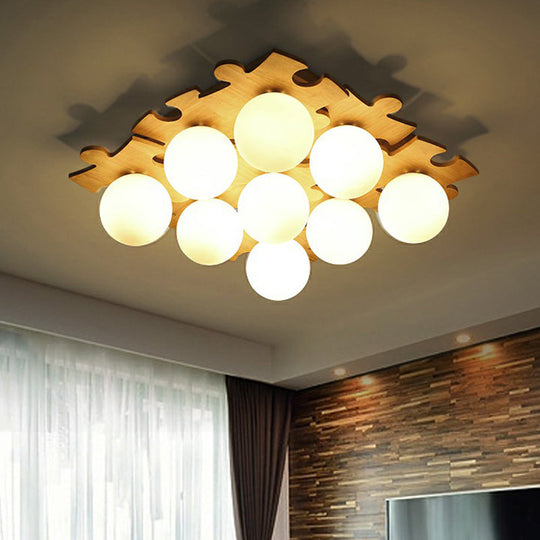 Modern Wood Puzzle Design Semi Flush Ceiling Light With White Glass Ball