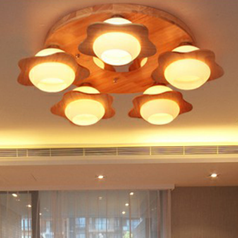 Modern Wood Flushmount Ceiling Light With Ivory Glass Shade And 5 Lights For Bedroom