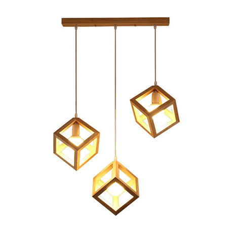 Contemporary Wood Cube Cluster Pendant Light For Dining Room: 3-Head Suspension