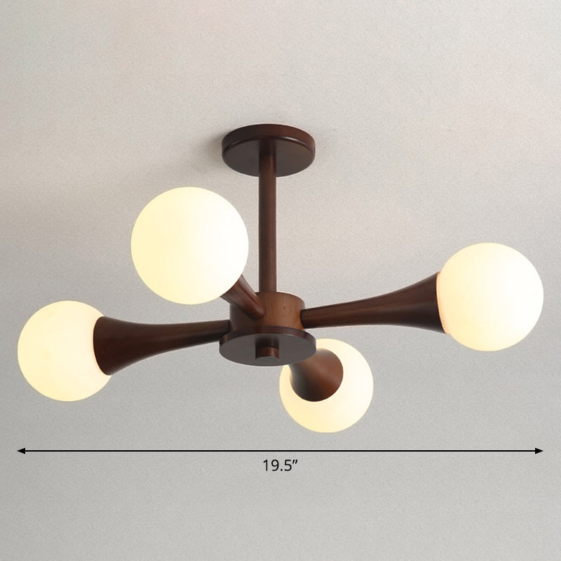 Nordic Milky Glass Bedroom Chandelier With Wooden Arm - Burst Ball Suspension Light 4 / Brown