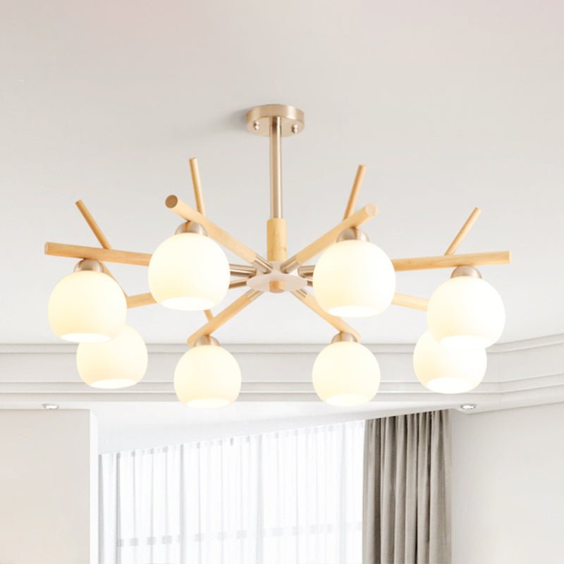 Minimalist White Glass Dome Ceiling Chandelier With Wood Twig Décor - Living Room Hanging Light