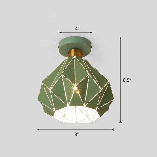 Macaron Iron Ceiling Light: Laser - Cut Diamond Shape Semi Flush Mount 1 Head For Corridors Green