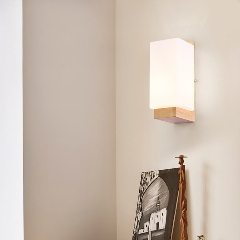 Minimalist Geometric Stairs Wall Sconce - Cream Glass Single Flush Light In Wood