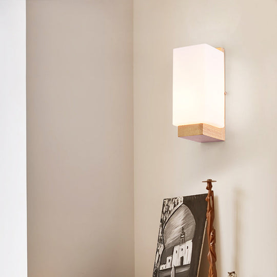 Minimalist Geometric Stairs Wall Sconce - Cream Glass Single Flush Light In Wood