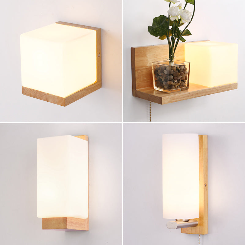 Minimalist Geometric Stairs Wall Sconce - Cream Glass Single Flush Light In Wood