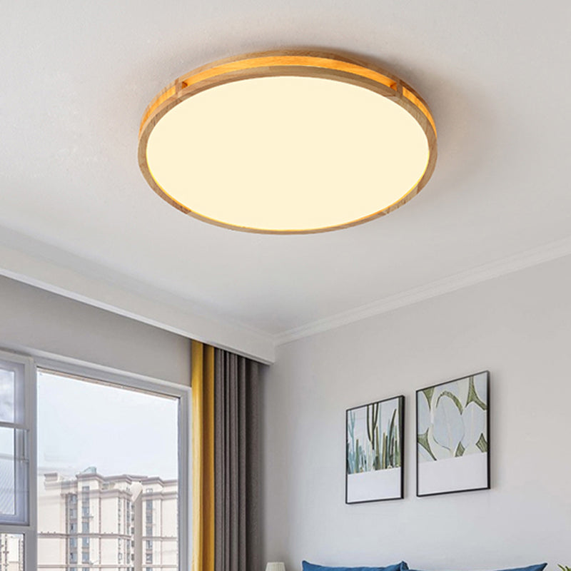 Nordic Led Beige Flush Mount Ceiling Light With Wooden Disc And Acrylic Diffuser Wood / 14’