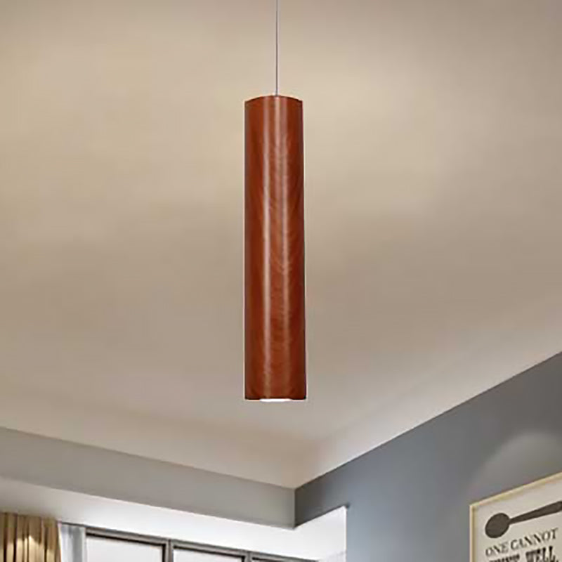 Hyadum I - Modern Cylinder Ceiling Light With Wood Grain Shade Metal Brown Living Room Pendant In