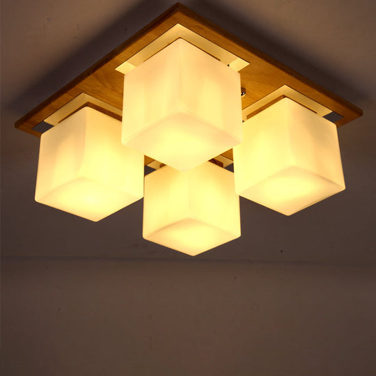 Modern Nordic Opal Glass Cube Semi Flush Ceiling Light With 4 - Lights - Wood Bedroom Mount Lamp