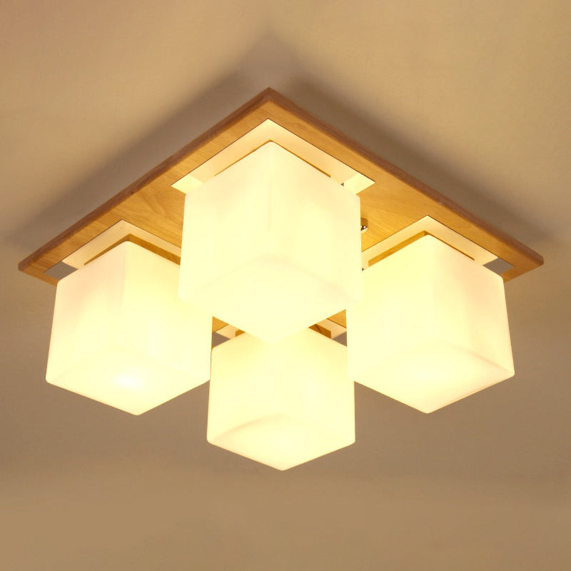 Modern Nordic Opal Glass Cube Semi Flush Ceiling Light With 4-Lights - Wood Bedroom Mount Lamp