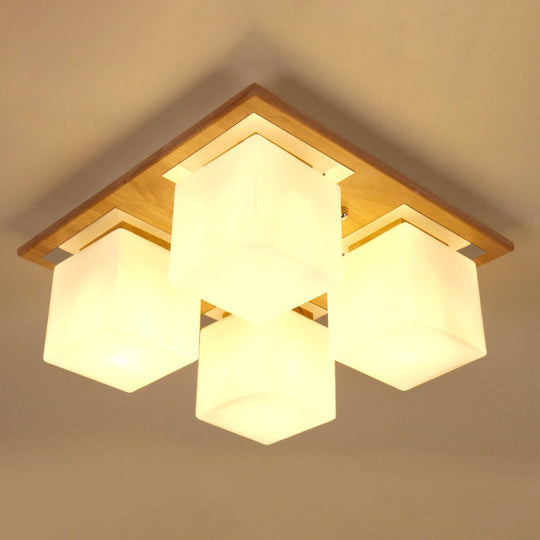 Modern Nordic Opal Glass Cube Semi Flush Ceiling Light With 4-Lights - Wood Bedroom Mount Lamp