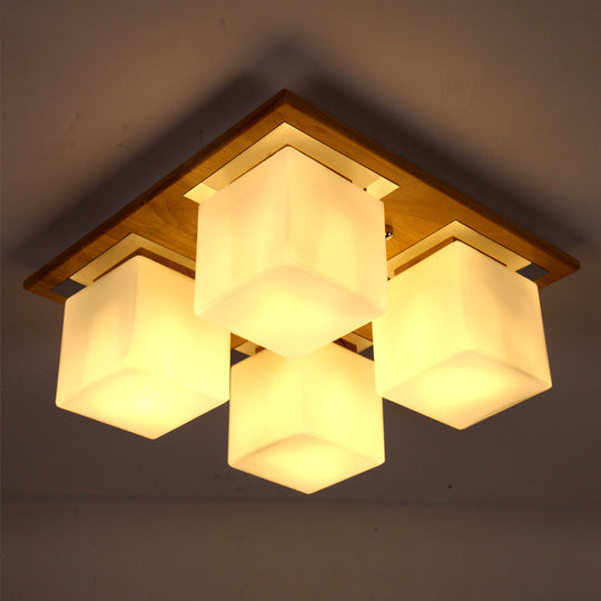 Modern Nordic Opal Glass Cube Semi Flush Ceiling Light With 4-Lights - Wood Bedroom Mount Lamp