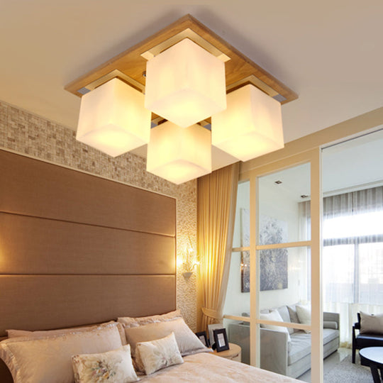 Modern Nordic Opal Glass Cube Semi Flush Ceiling Light With 4-Lights - Wood Bedroom Mount Lamp
