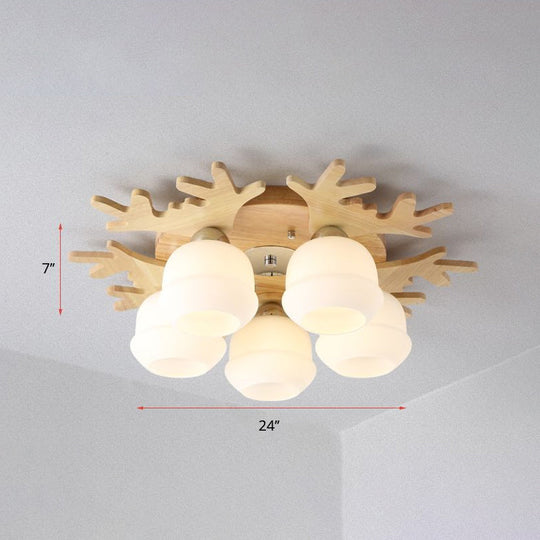Nordic Wood Flush Mount Ceiling Light With Opal Glass & Antler Decor 5 /