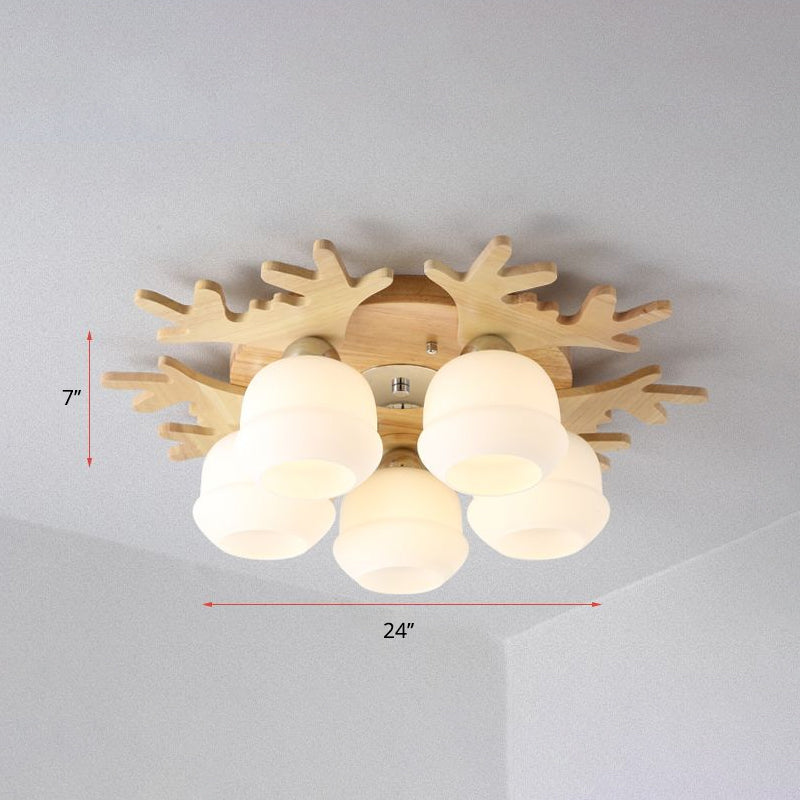 Nordic Wood Flush Mount Ceiling Light With Opal Glass & Antler Decor 5 /
