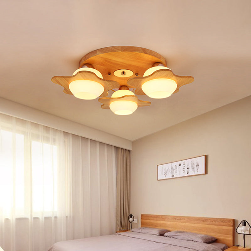 Modern Ivory Glass Flower Ceiling Light With 3-Head Flush Mount For Bedroom In Wood Finish