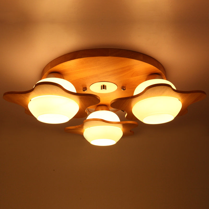 Modern Ivory Glass Flower Ceiling Light With 3-Head Flush Mount For Bedroom In Wood Finish