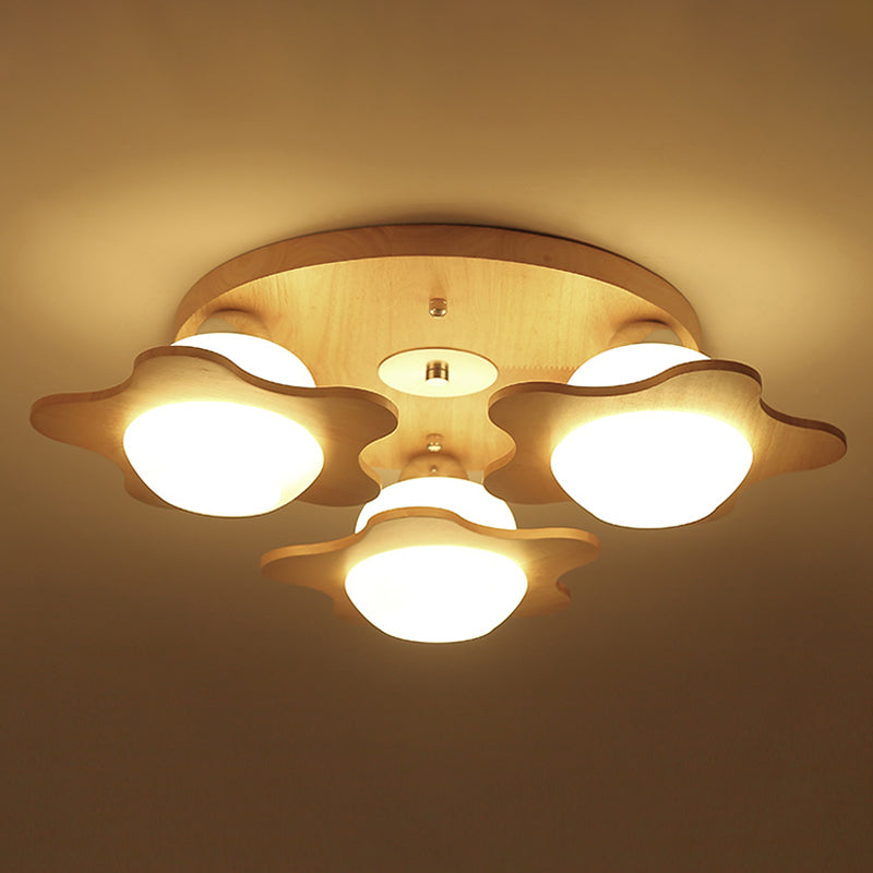 Modern Ivory Glass Flower Ceiling Light With 3-Head Flush Mount For Bedroom In Wood Finish