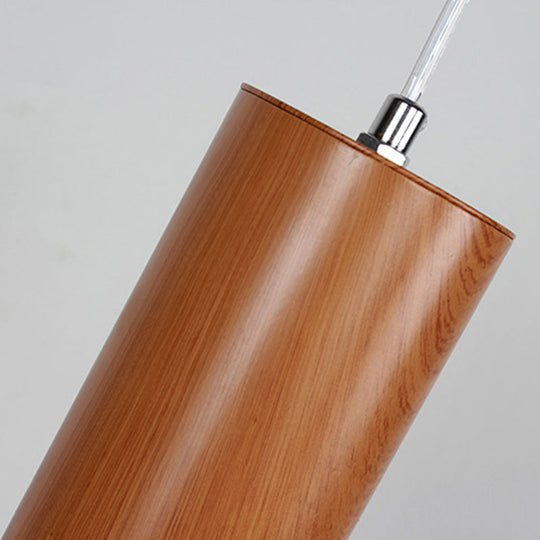 Hyadum I - Modern Cylinder Ceiling Light With Wood Grain Shade Metal Brown Living Room Pendant In