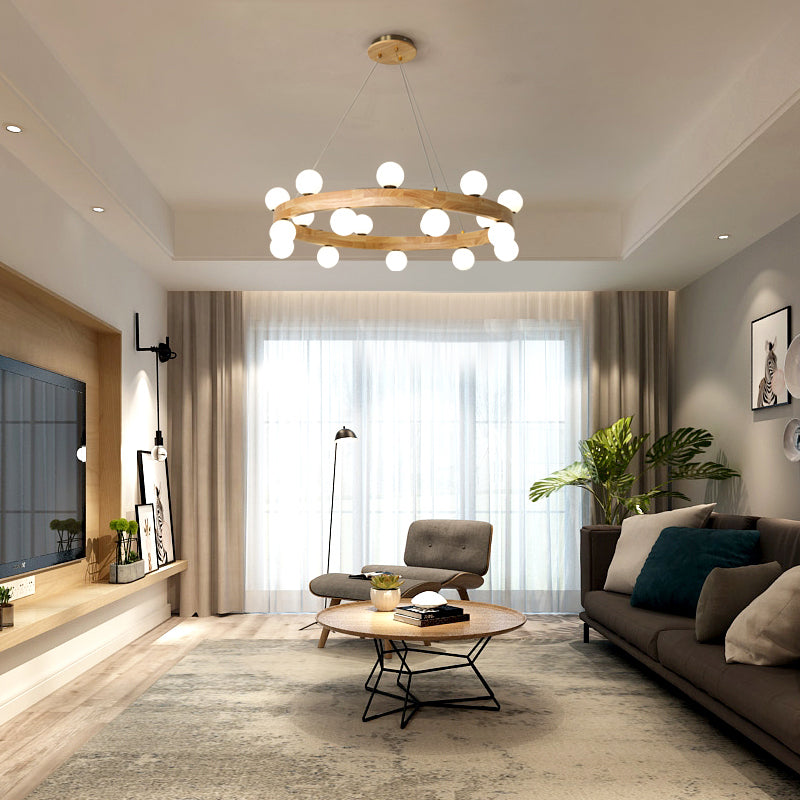 Minimalistic Wooden Led Chandelier With Opal Glass Shade 12 / Wood