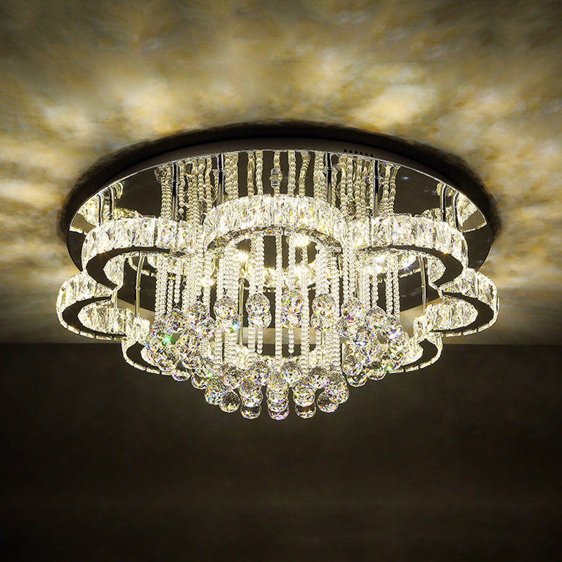 Modern Chrome Flush Mount Light With K9 Crystal For Living Room Ceiling / 18’ Third Gear