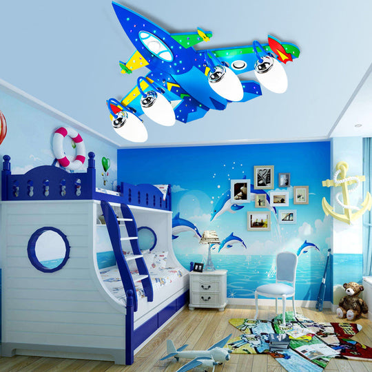 Blue Wooden Cartoon Jet Ceiling Lamp For Children’s Bedroom