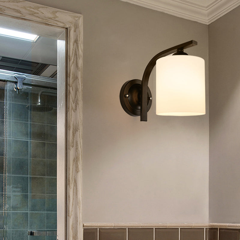 Vintage Cylindrical White Glass Wall Sconce With Curved Black Arm