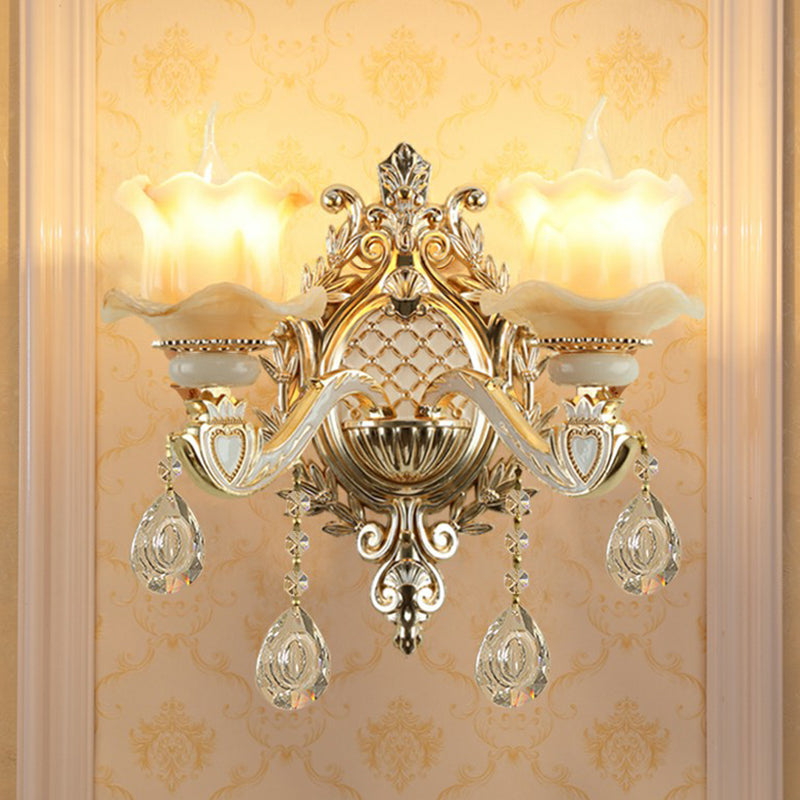 Traditional Beige Flower Wall Sconce With Crystal Drop For Hallways - Jade Light