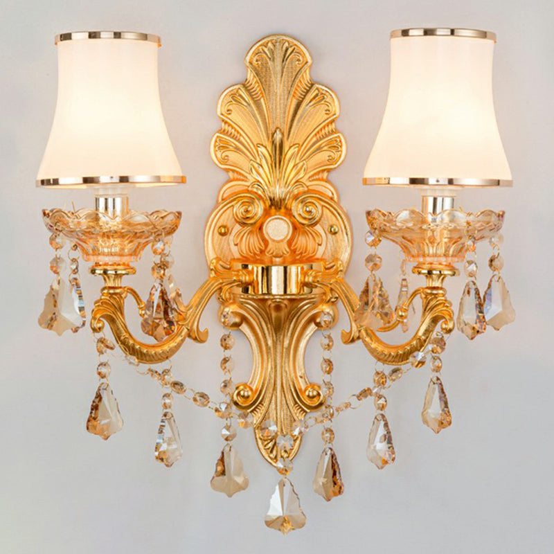 Victorian Metal Wall Sconce With Candlelight Shade And Crystal Décor 2 / Gold Cylinder
