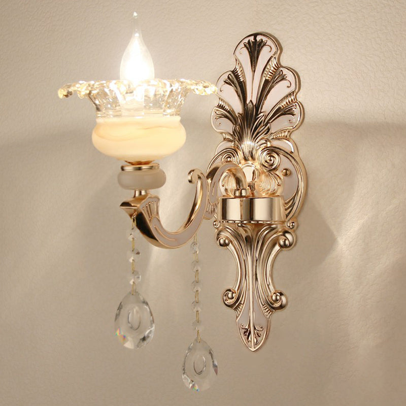 Vintage Silver Wall Sconce With Frosted Glass Blossom Shade And Crystal Deco 1 / Shadeless