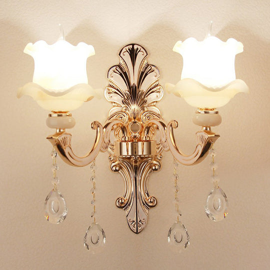 Vintage Silver Wall Sconce With Frosted Glass Blossom Shade And Crystal Deco 2 / Lace