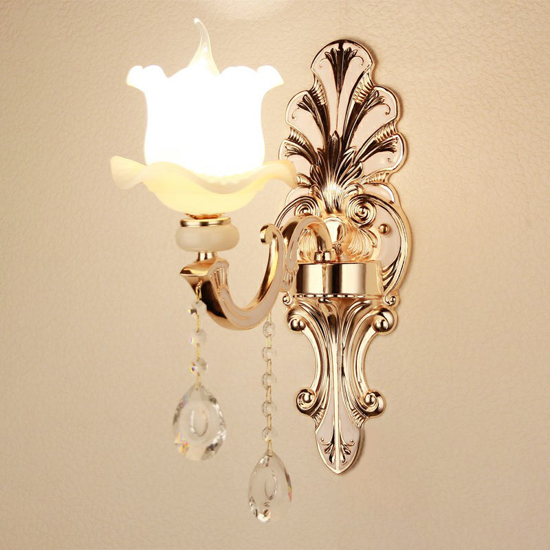 Vintage Silver Wall Sconce With Frosted Glass Blossom Shade And Crystal Deco 1 / Lace
