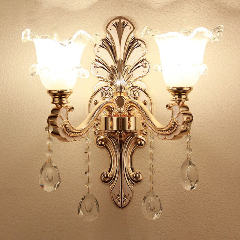 Vintage Silver Wall Sconce With Frosted Glass Blossom Shade And Crystal Deco 2 / Flower Shape