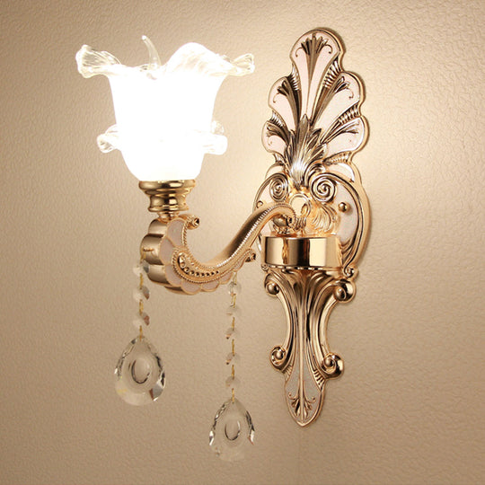 Vintage Silver Wall Sconce With Frosted Glass Blossom Shade And Crystal Deco 1 / Flower Shape