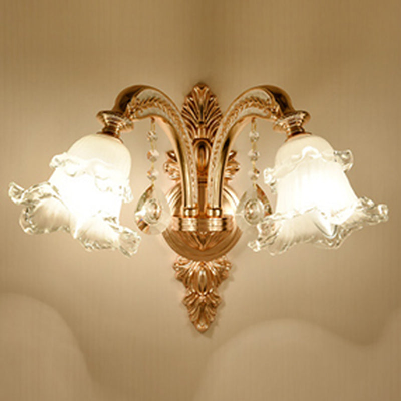 Gold Floral Glass Wall Mount Lamp - Traditional 2-Light Fixture For Corridor Lighting White / Down