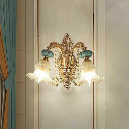 Gold Floral Glass Wall Mount Lamp - Traditional 2-Light Fixture For Corridor Lighting