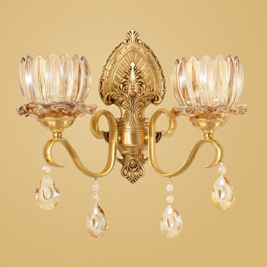 Retro Clear Prismatic Glass Brass Wall Sconce With Decorative Crystal Flower Living Room Light 2 /
