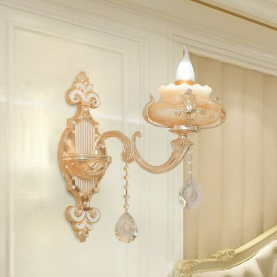 Classic Beige Candle Wall Sconce With Faux Jade Glass - Bedroom Lighting Fixture 1 / Flower Shape