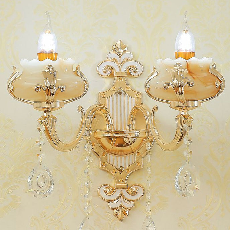 Classic Beige Candle Wall Sconce With Faux Jade Glass - Bedroom Lighting Fixture 2 / Flower Shape