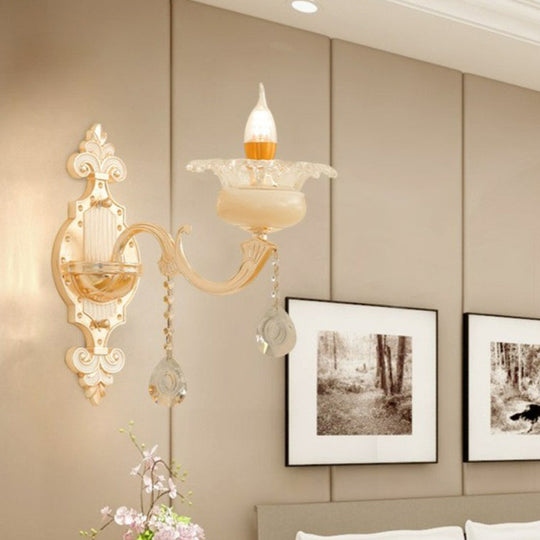 Classic Beige Candle Wall Sconce With Faux Jade Glass - Bedroom Lighting Fixture 1 / Sun