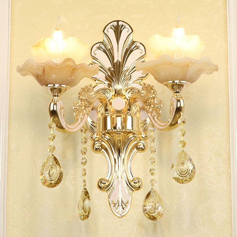 Flower Wall Sconce With Faux Jade Glass And Crystal Drops In Silver 2 /