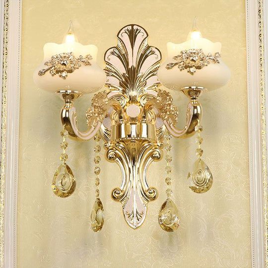 Flower Wall Sconce With Faux Jade Glass And Crystal Drops In Silver 2 / Lace