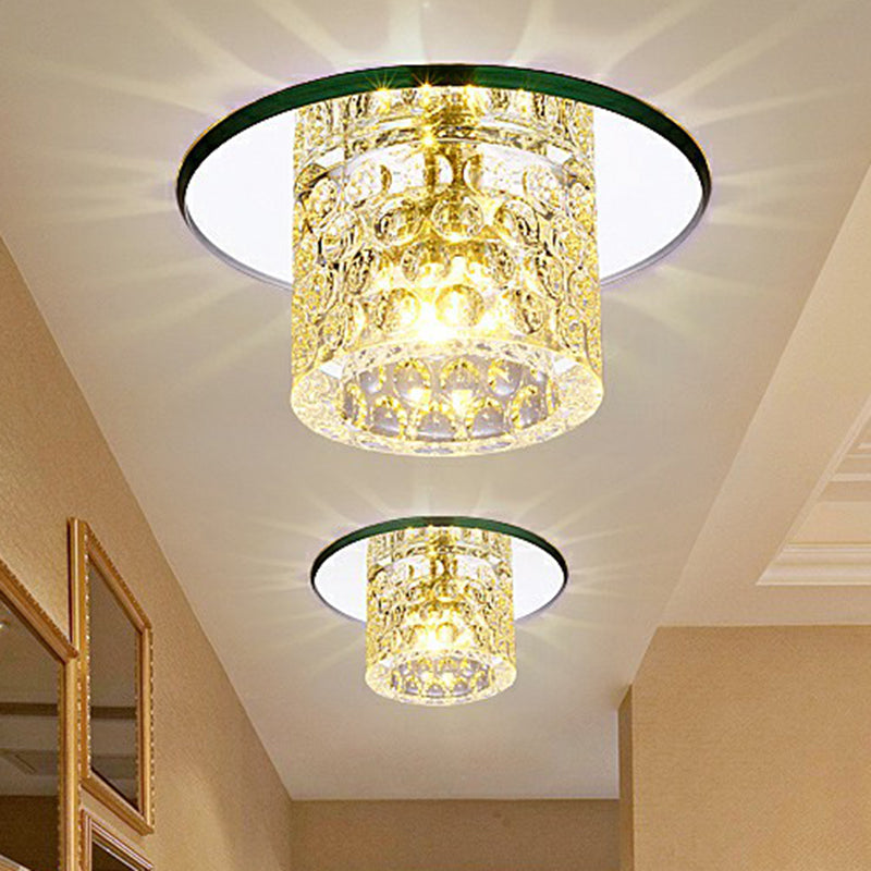 Crystal Clear Led Flush Ceiling Light For Corridor - Sleek Cylindrical Design With Dimpled