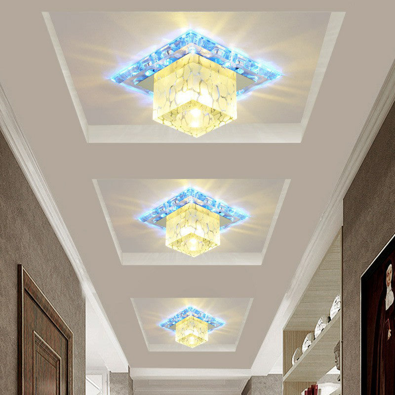 Minimalistische LED-Deckenleuchte für den Flur mit würfelförmigem Kristallschirm – klares Deckenlicht