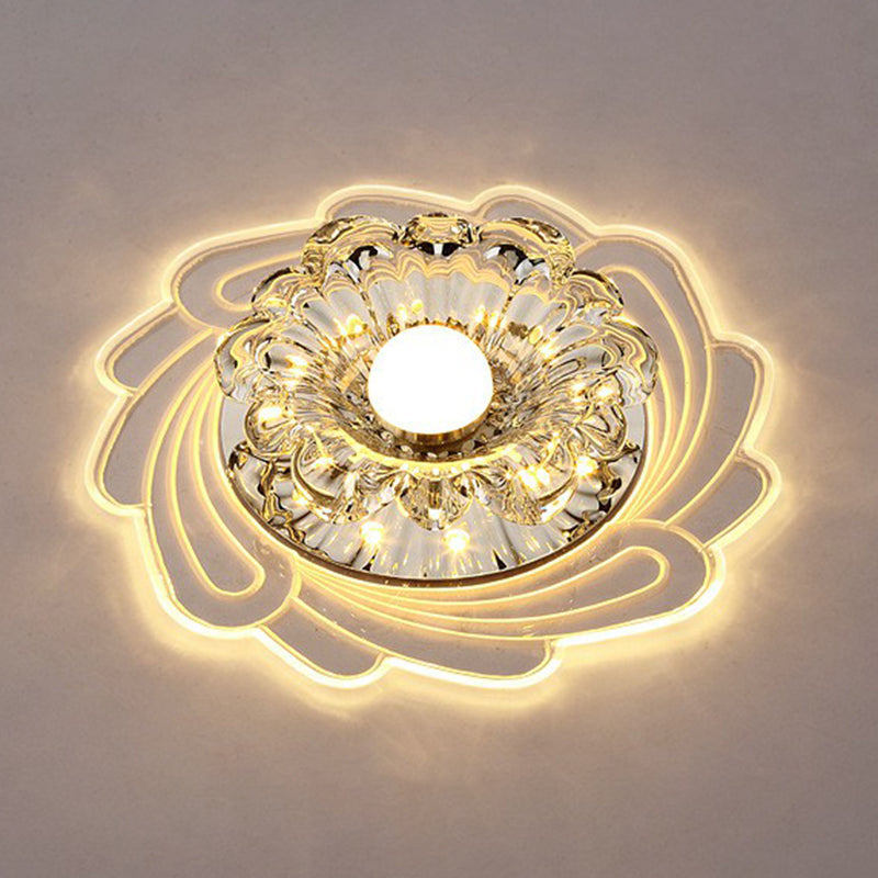 Minimalist Clear Led Crystal Flower Flush Mount Light For Corridor / Warm