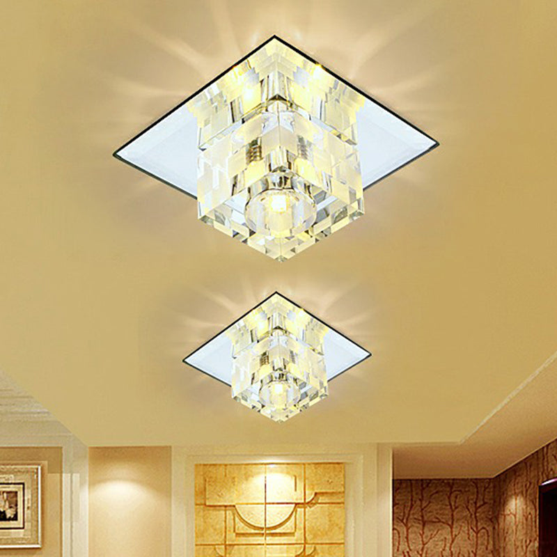 Minimalist Led Ceiling Lamp With Clear Crystal Cube Flush Mount & Checkered Pattern For Living Room