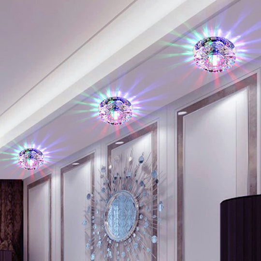 Contemporary Led Flush Mount Crystal Ceiling Light - Minimalist Clear Round Fixture For Hallways