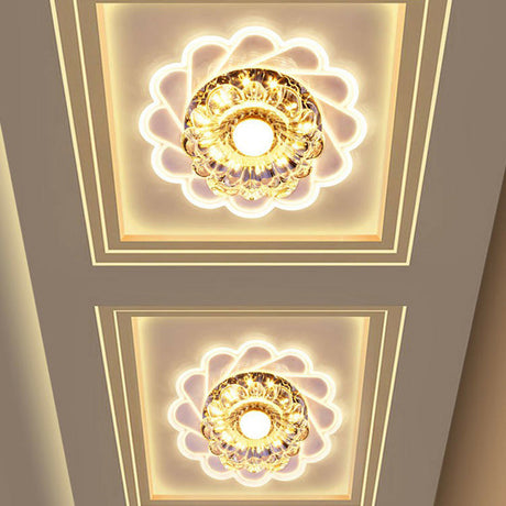 Contemporary Crystal Led Flush Mount Ceiling Light - Clear Flower Design For Hallway