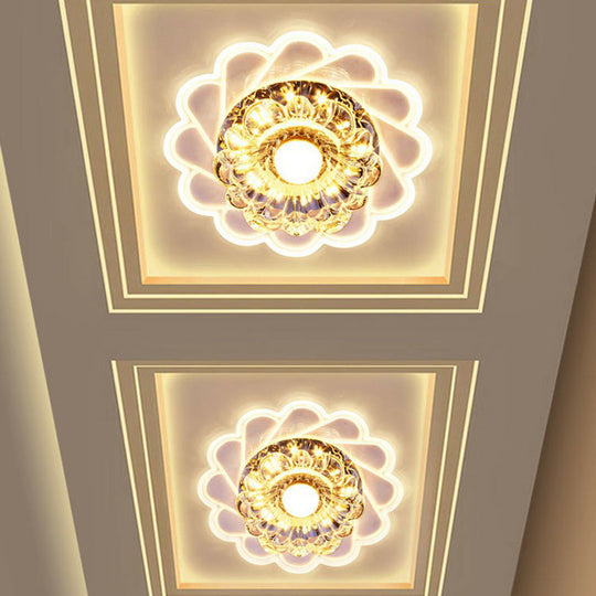 Contemporary Crystal Led Flush Mount Ceiling Light - Clear Flower Design For Hallway